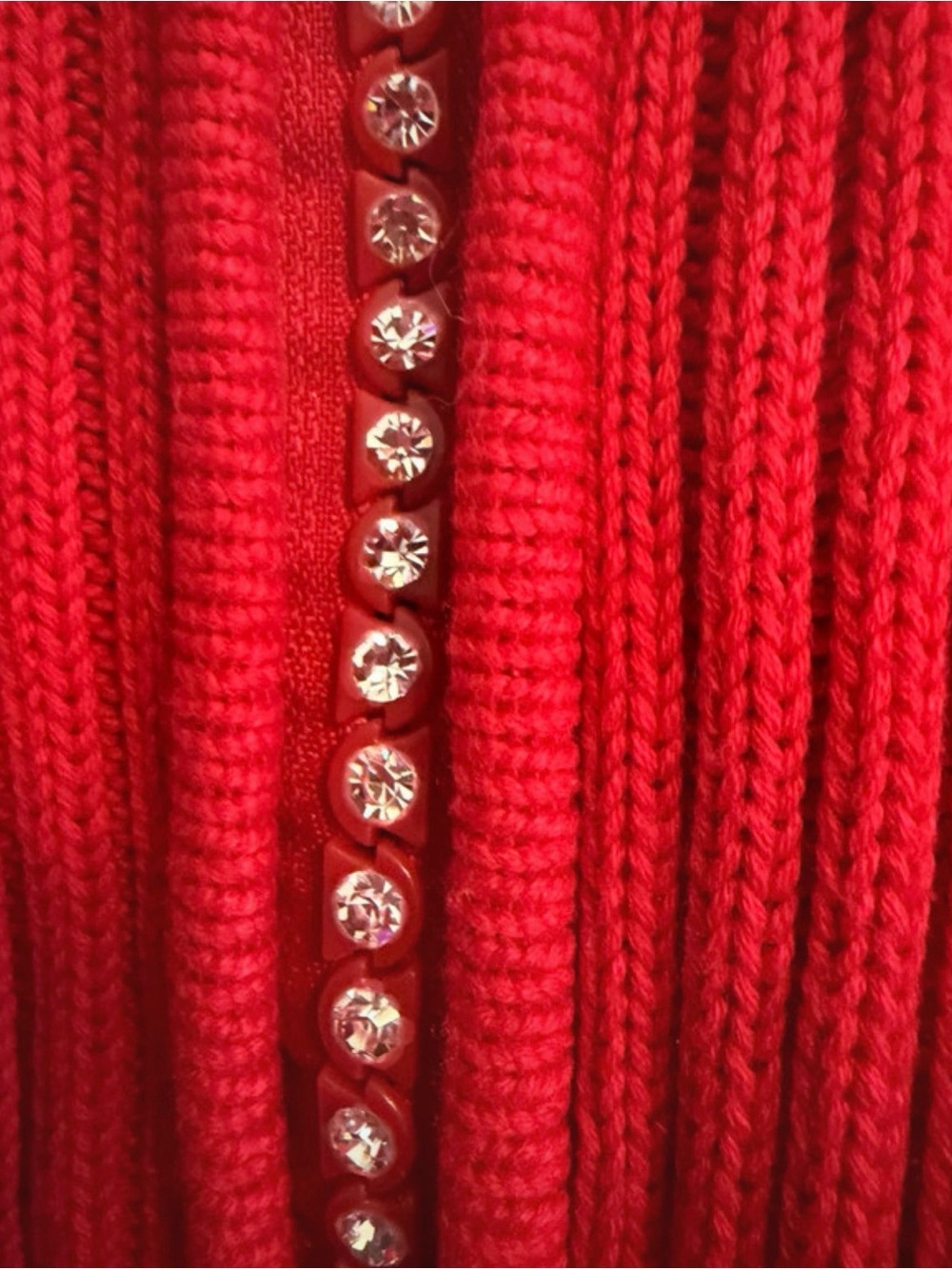 Red Ribbed Zip-Up Cardigan with Rhinestone Zipper - Picture 3 of 4